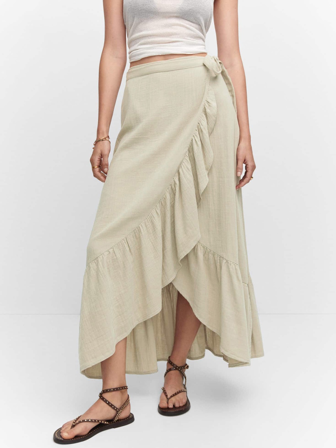 

MANGO Pure Cotton Ruffled & Belted Detail Asymmetric Maxi Wrap Skirt, Beige