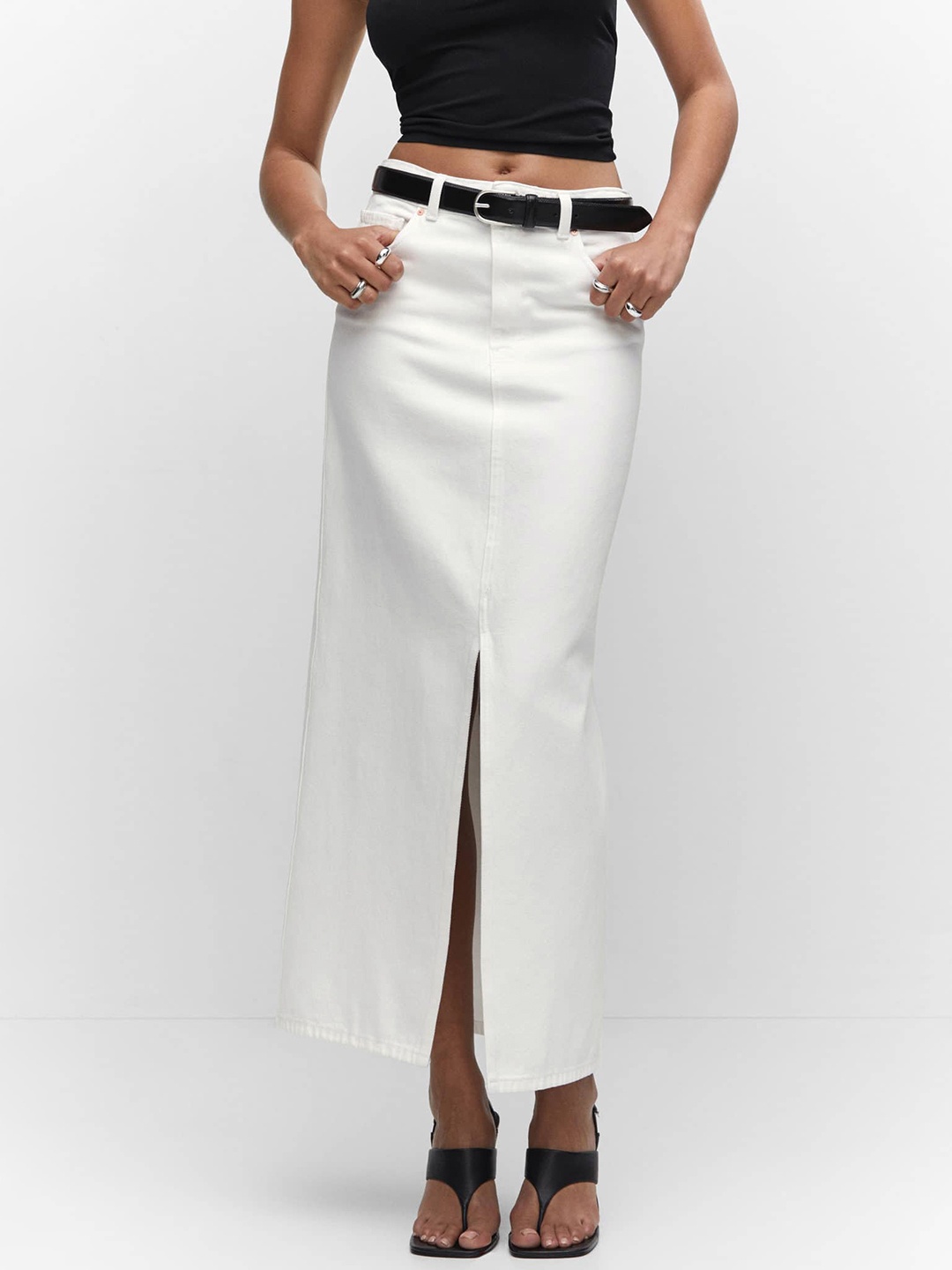 

MANGO High-Rise Pure Cotton Slit Detail Maxi Denim Straight Skirt, White