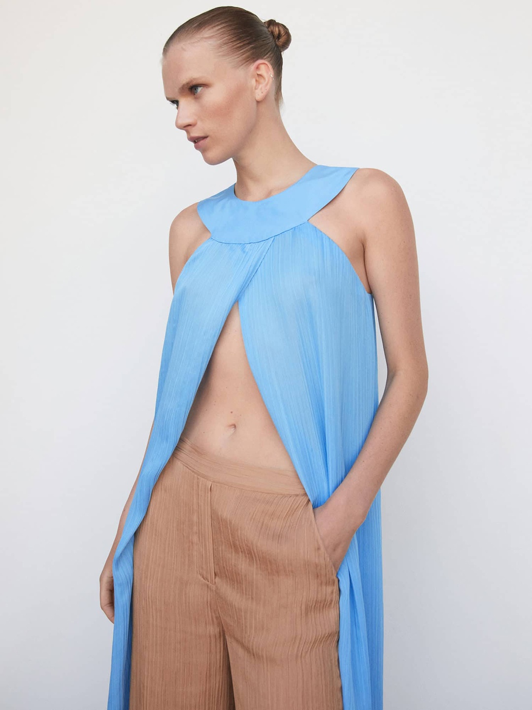 

MANGO Halter Neck Accordion Pleated Front Open Longline Top, Blue