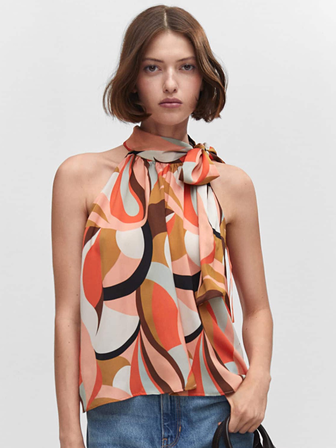 

MANGO Printed Tie-Up Neck Top, Peach