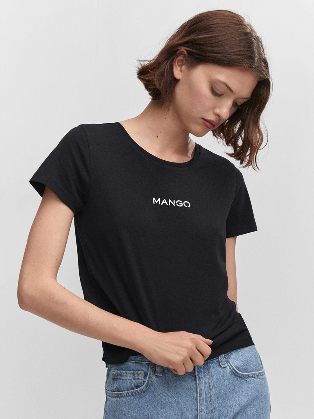 

MANGO Brand Logo Detail Pure Cotton T-shirt, Black