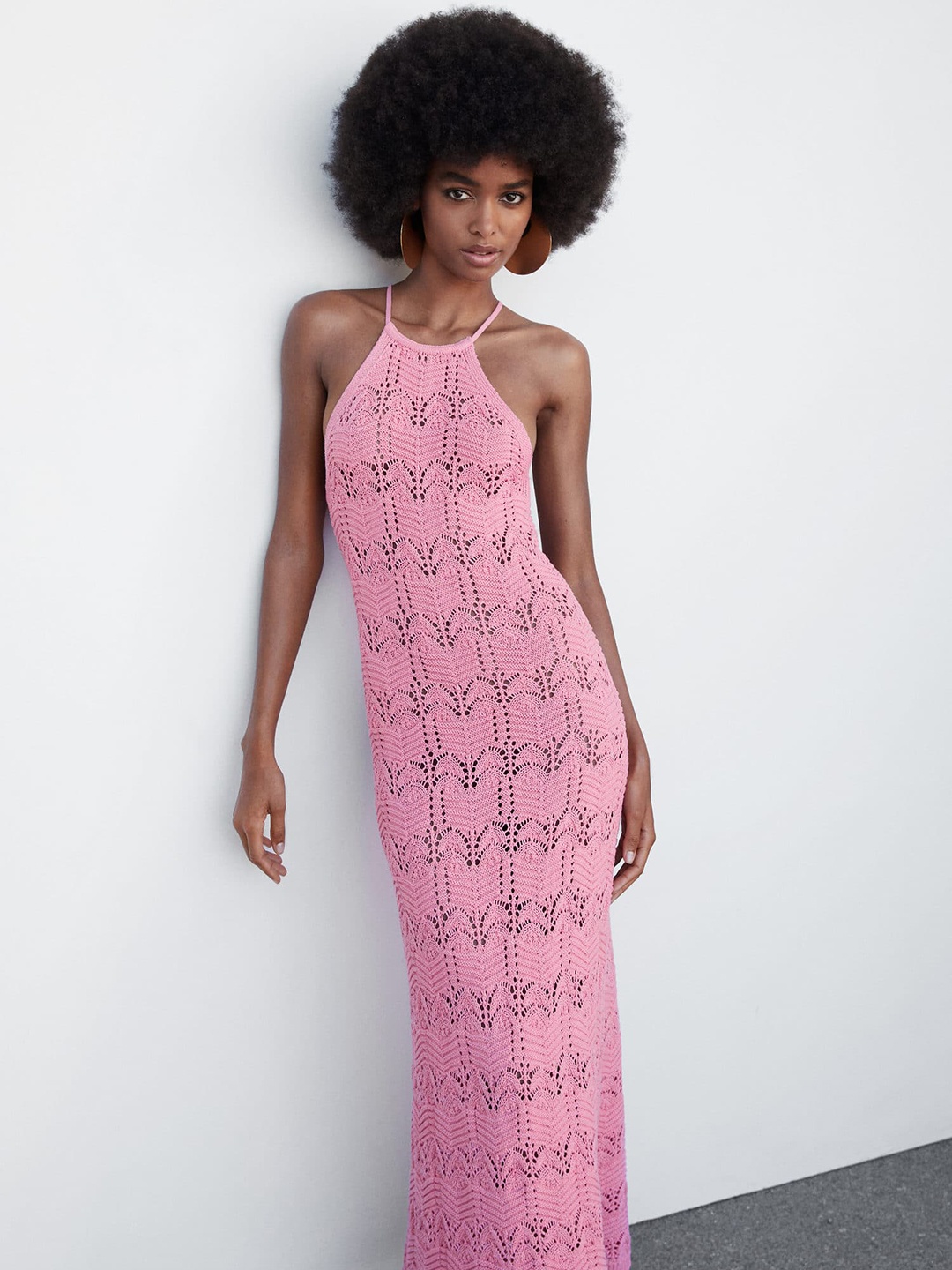 

MANGO Crochet Knit Halter Neck Cut-Out Detail Sheath Maxi Dress, Pink