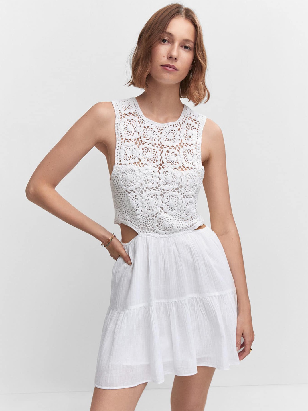 

MANGO Crochet Pure Cotton A-Line Mini Dress, White