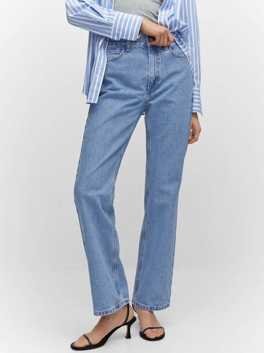 

MANGO Women Pure Cotton Mid-Rise Straight Fit Jeans, Blue