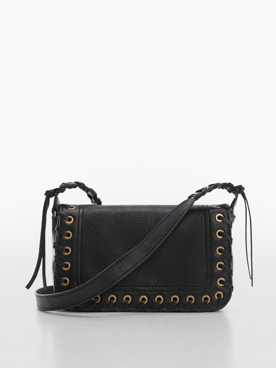 

MANGO Leather Structured Sling Bag with Rivet Detail, Black