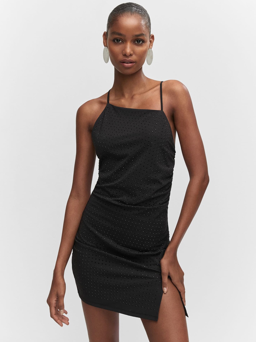 

MANGO Asymmetrical Straps Embellished Bodycon Mini Dress, Black