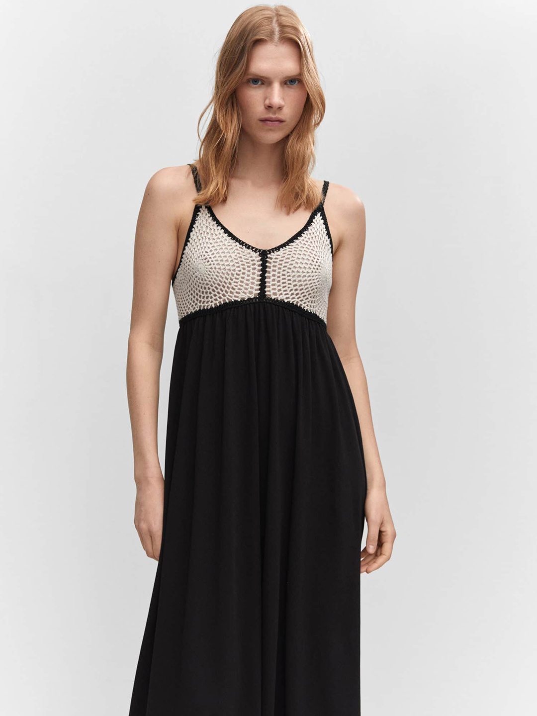 

MANGO Crochet A-Line Midi Dress, Black