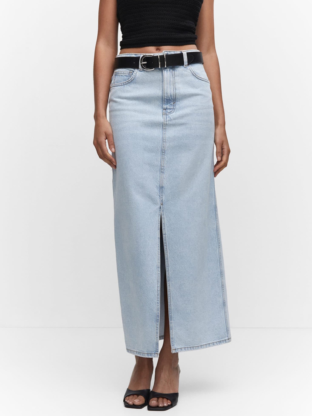 

MANGO Front-Slit Straight Denim Maxi Skirt, Blue