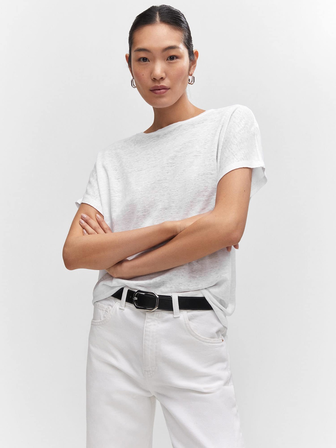MANGO Women Oversized Pure Linen T-shirt, Off white