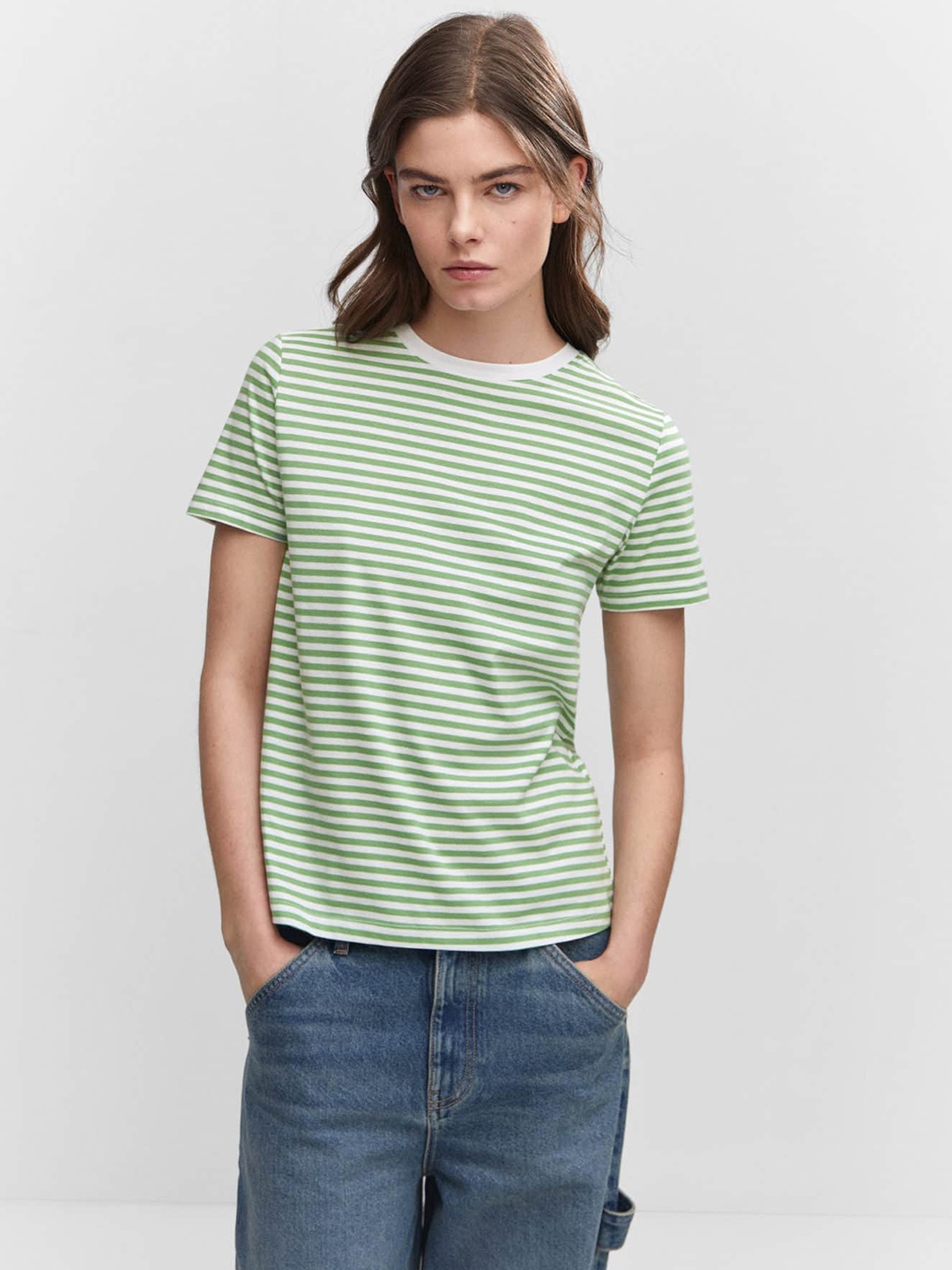 

MANGO Women Striped Pure Cotton T-shirt, Green