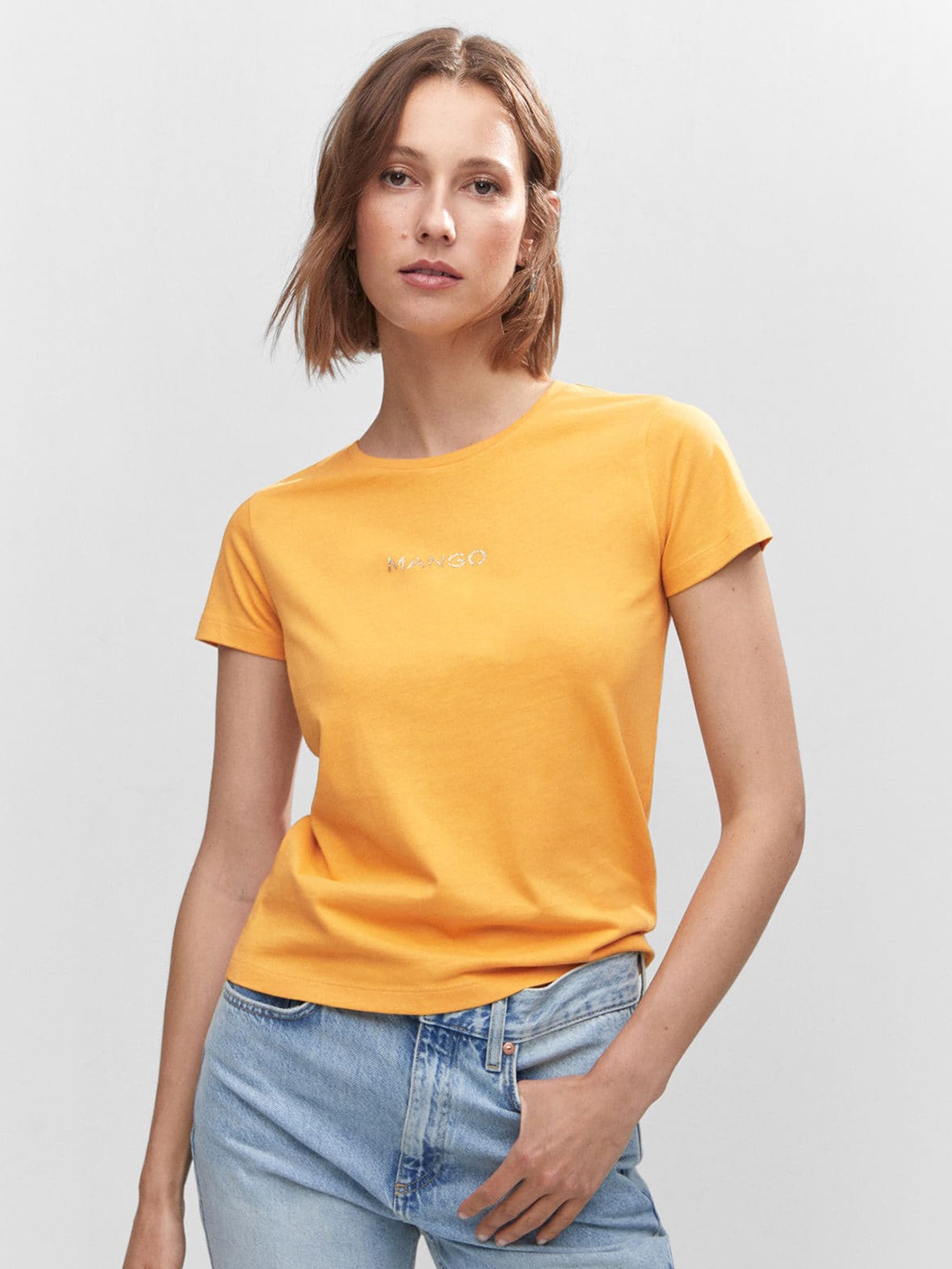 

MANGO Women Brand Logo Printed Pure Cotton T-shirt, Mustard