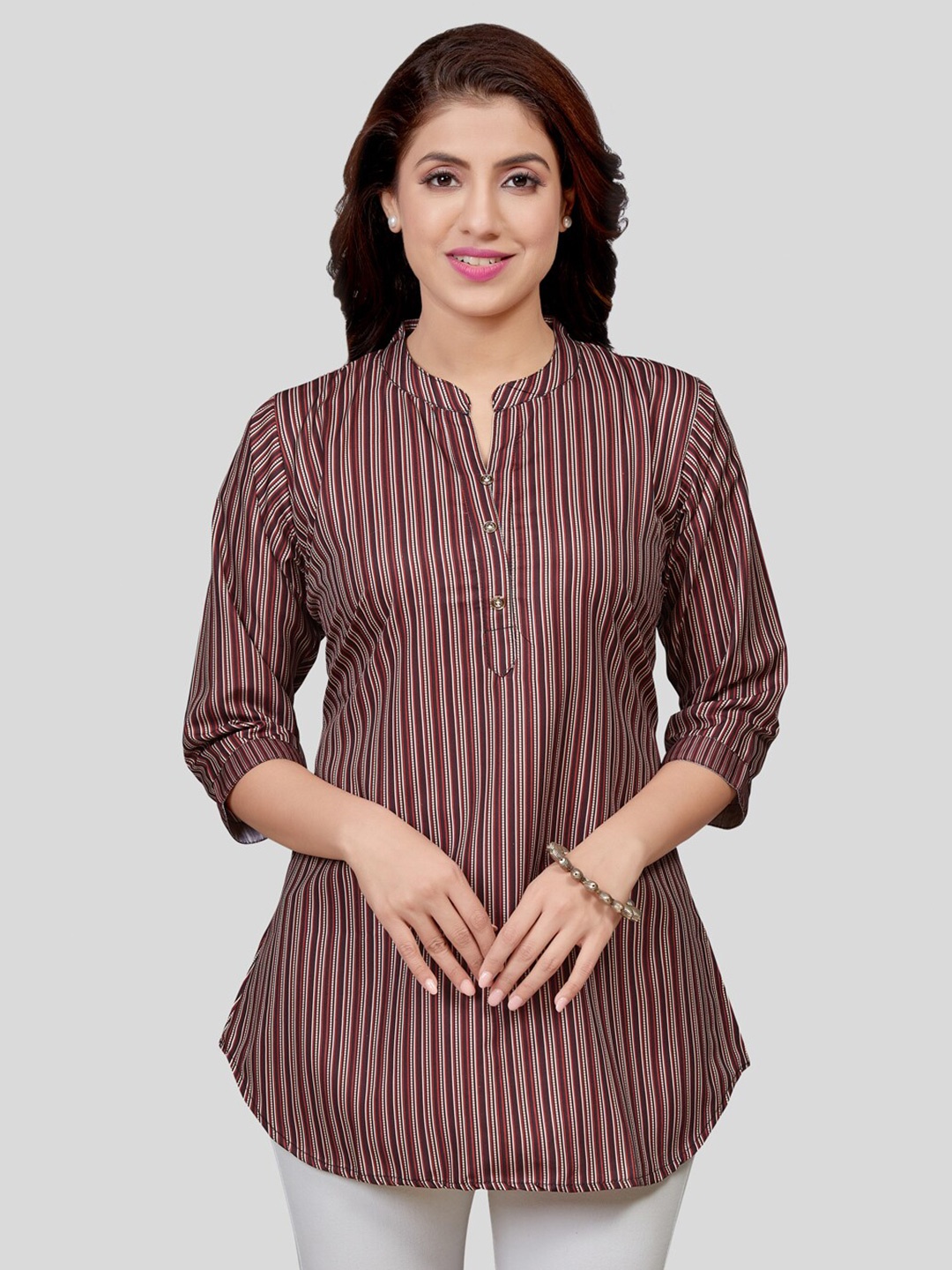 

Saree Swarg Striped Mandarin Collar A-Line Kurti, Brown
