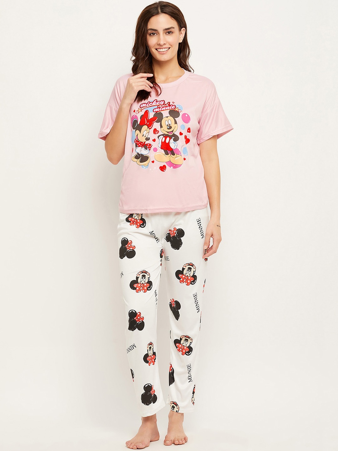 

Camey Mickey & Minnie Mouse Printed T-shirt With Pyjamas, Pink