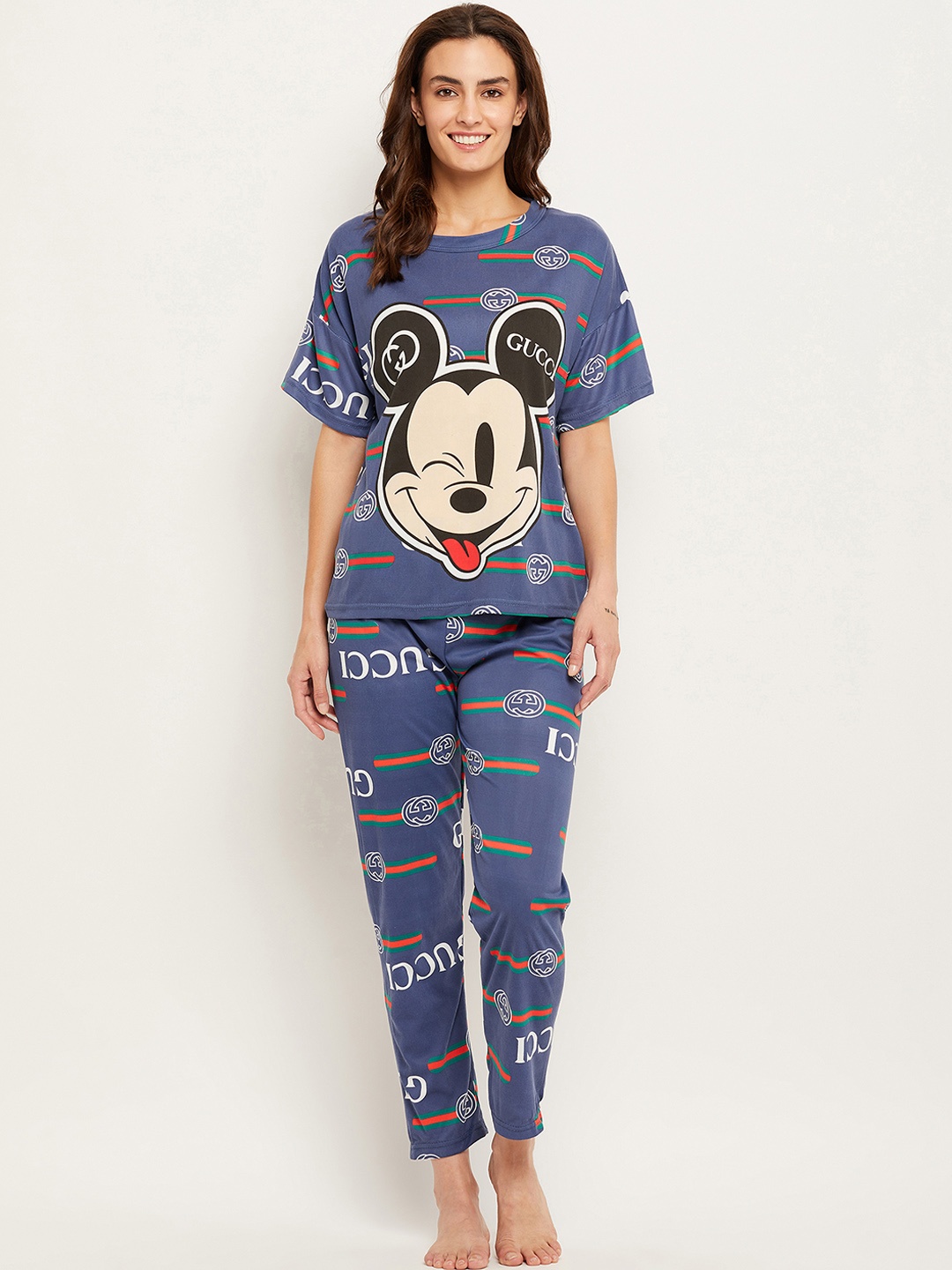 

Camey Mickey Mouse Printed T-shirt With Pyjamas, Blue