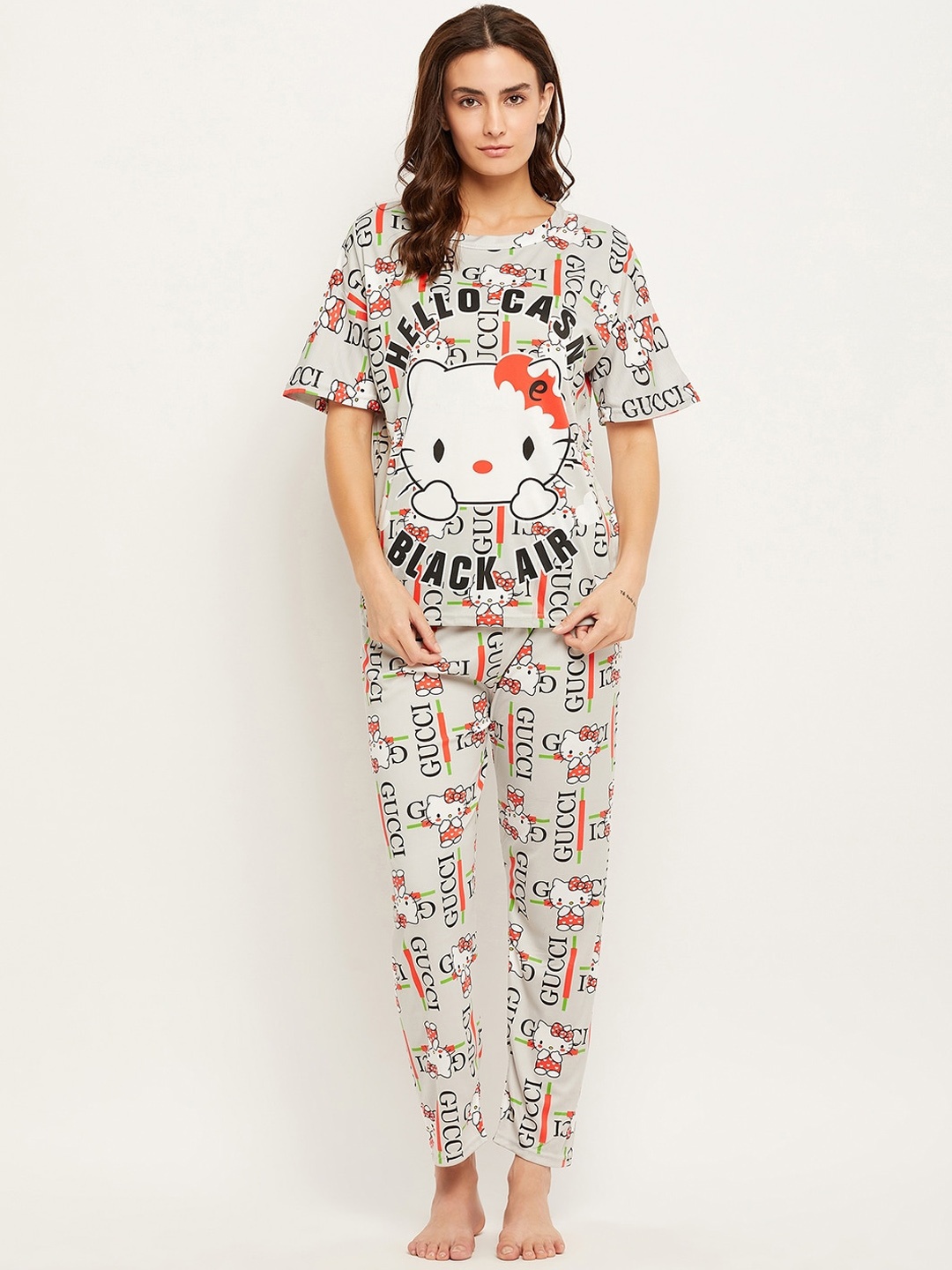 

Camey Hello Kitty Printed T-shirt With Pyjamas, Grey