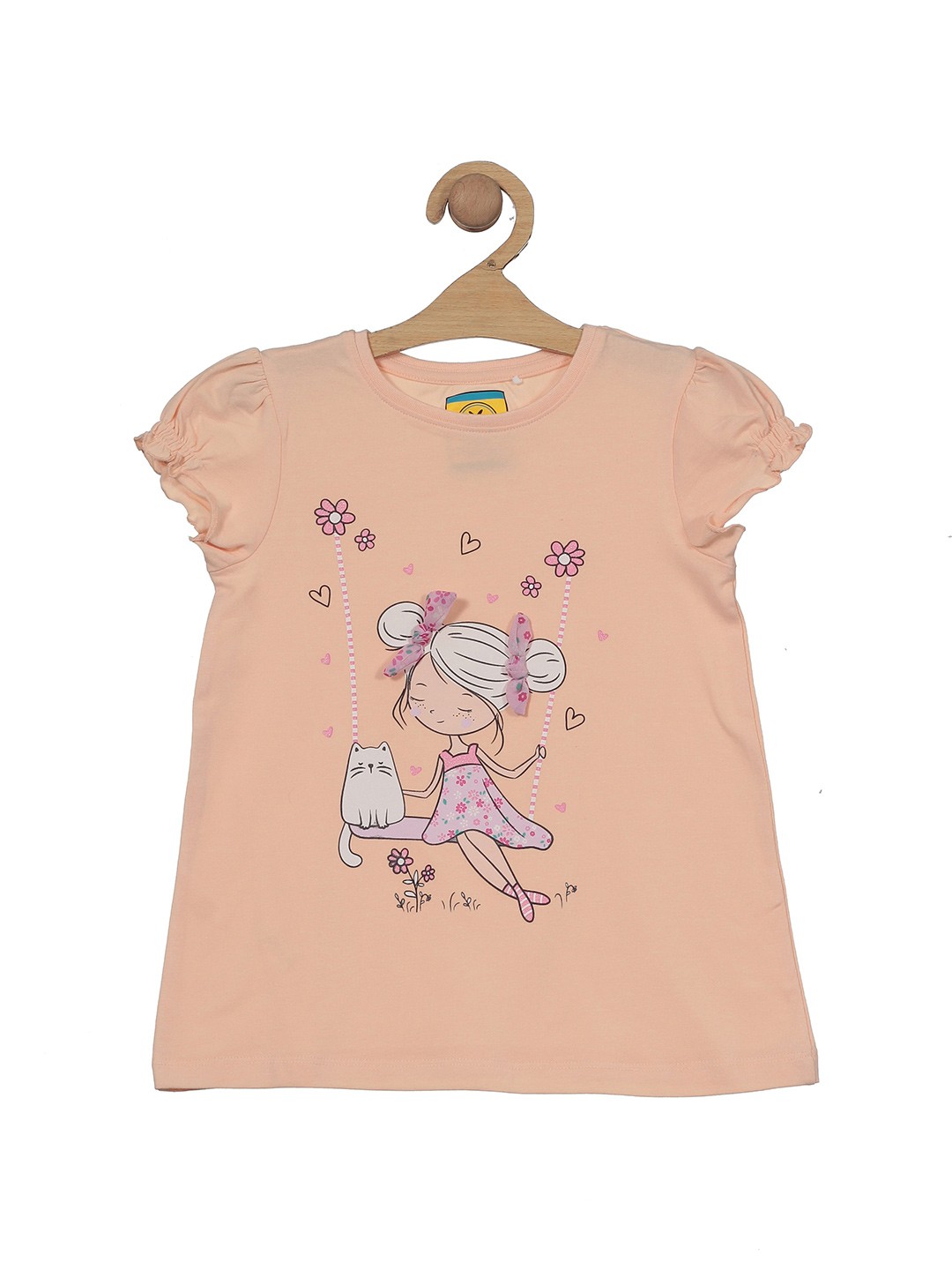 

Lil Lollipop Girls Graphic Printed Puff Sleeves Cotton Top, Peach