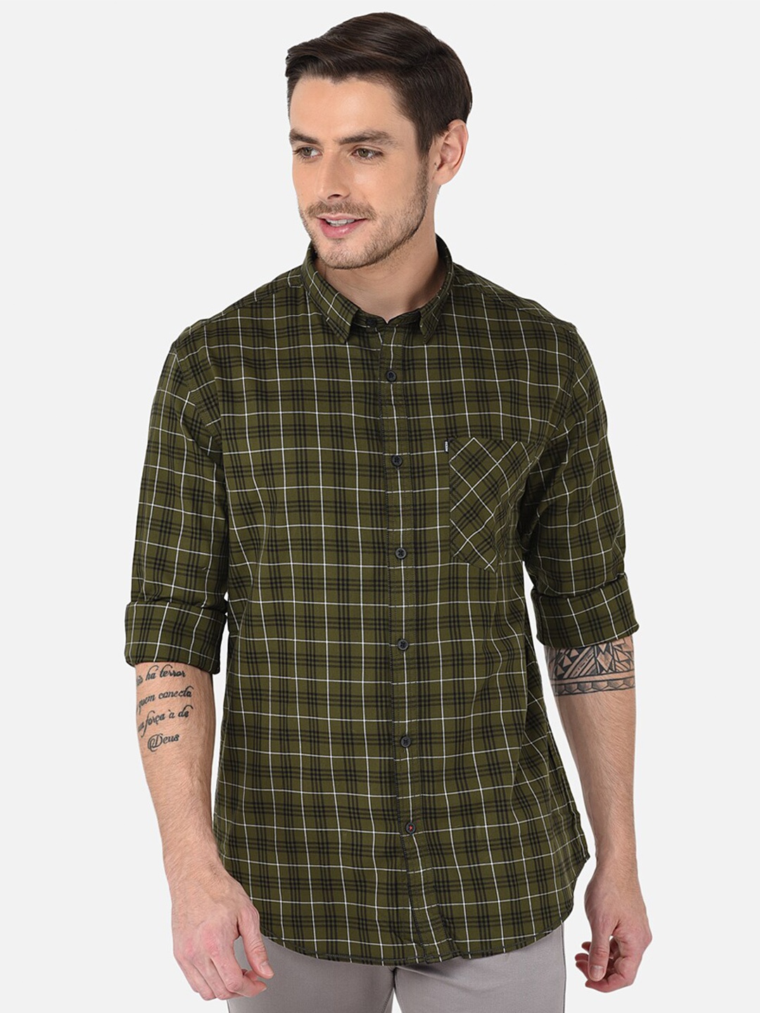 

MOZZO Classic Slim Fit Checked Casual Cotton Shirt, Olive
