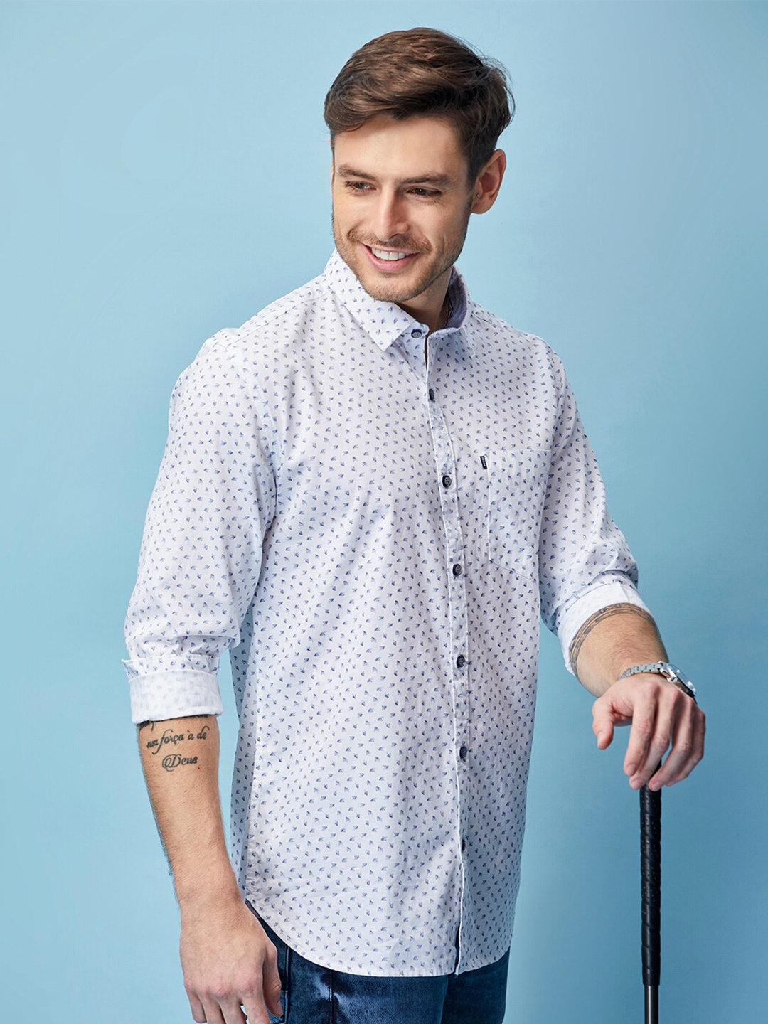 

MOZZO Classic Slim Fit Micro Disty Printed Casual Cotton Shirt, White