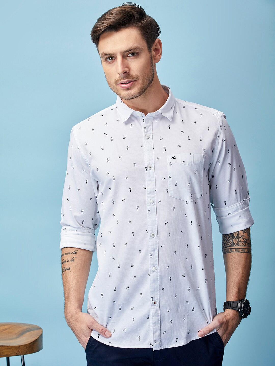 

MOZZO Classic Slim Fit Conversational Printed Casual Cotton Shirt, White