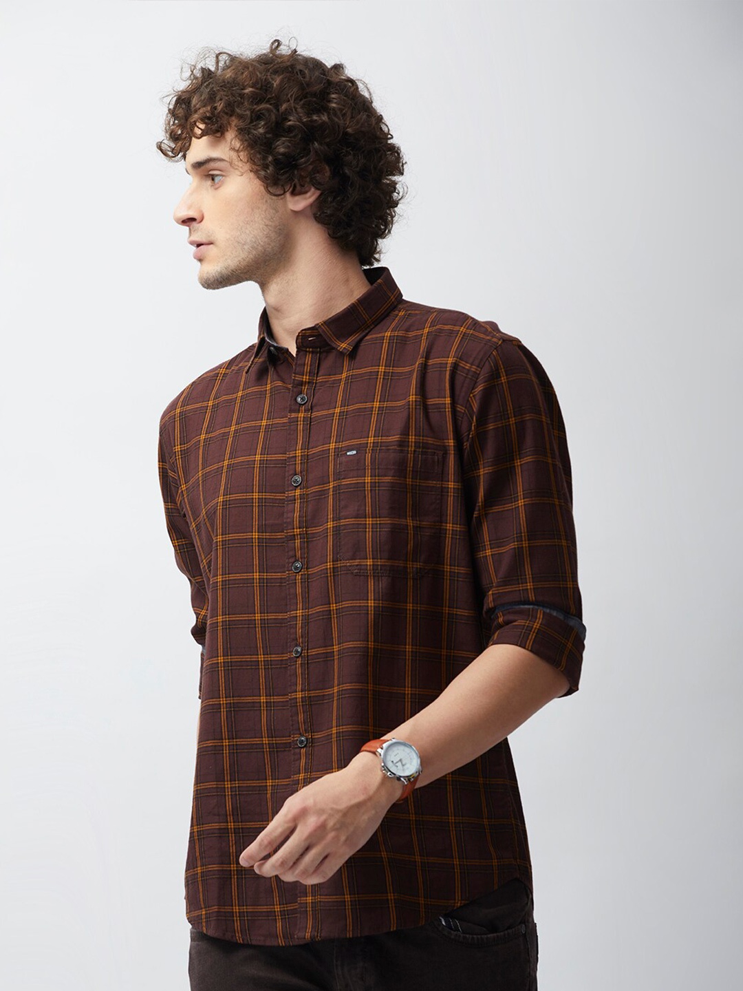 

MOZZO Classic Slim Fit Tartan Checked Casual Cotton Shirt, Brown