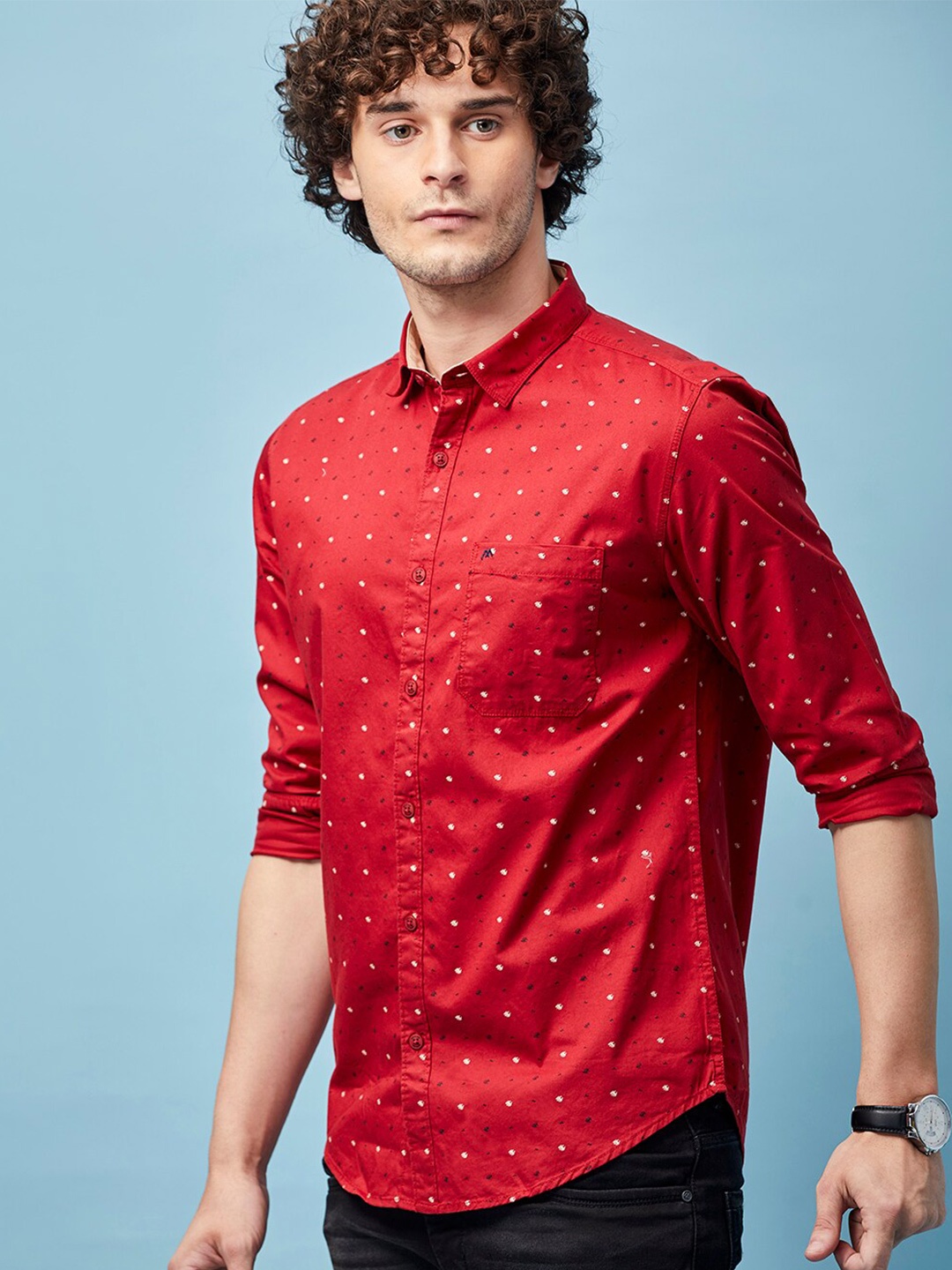 

MOZZO Classic Slim Fit Micro Ditsy Printed Casual Cotton Shirt, Red