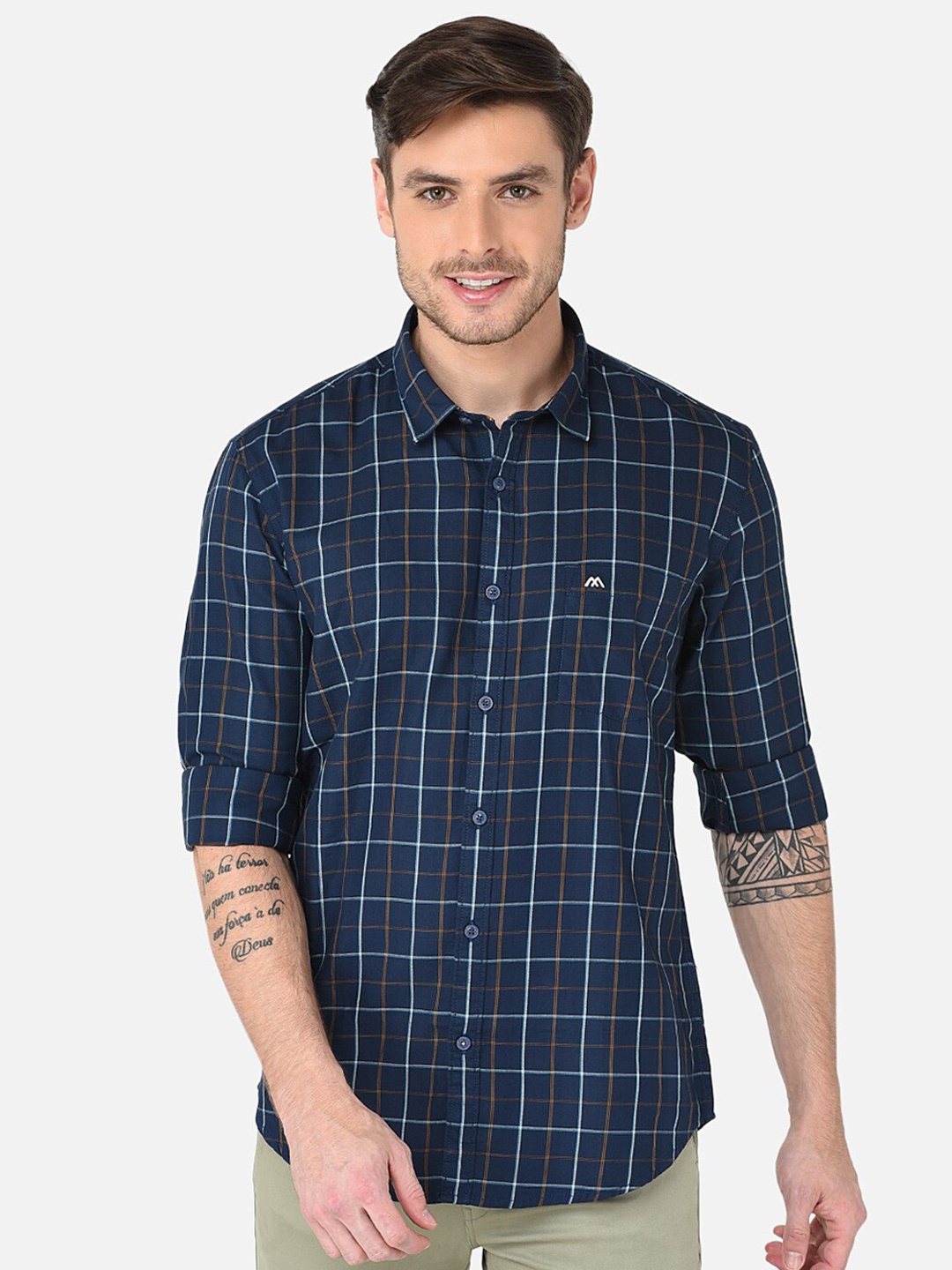 

MOZZO Classic Slim Fit Checked Casual Cotton Shirt, Navy blue