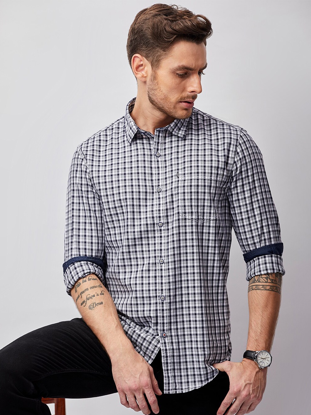 

MOZZO Classic Slim Fit Checked Casual Cotton Shirt, White