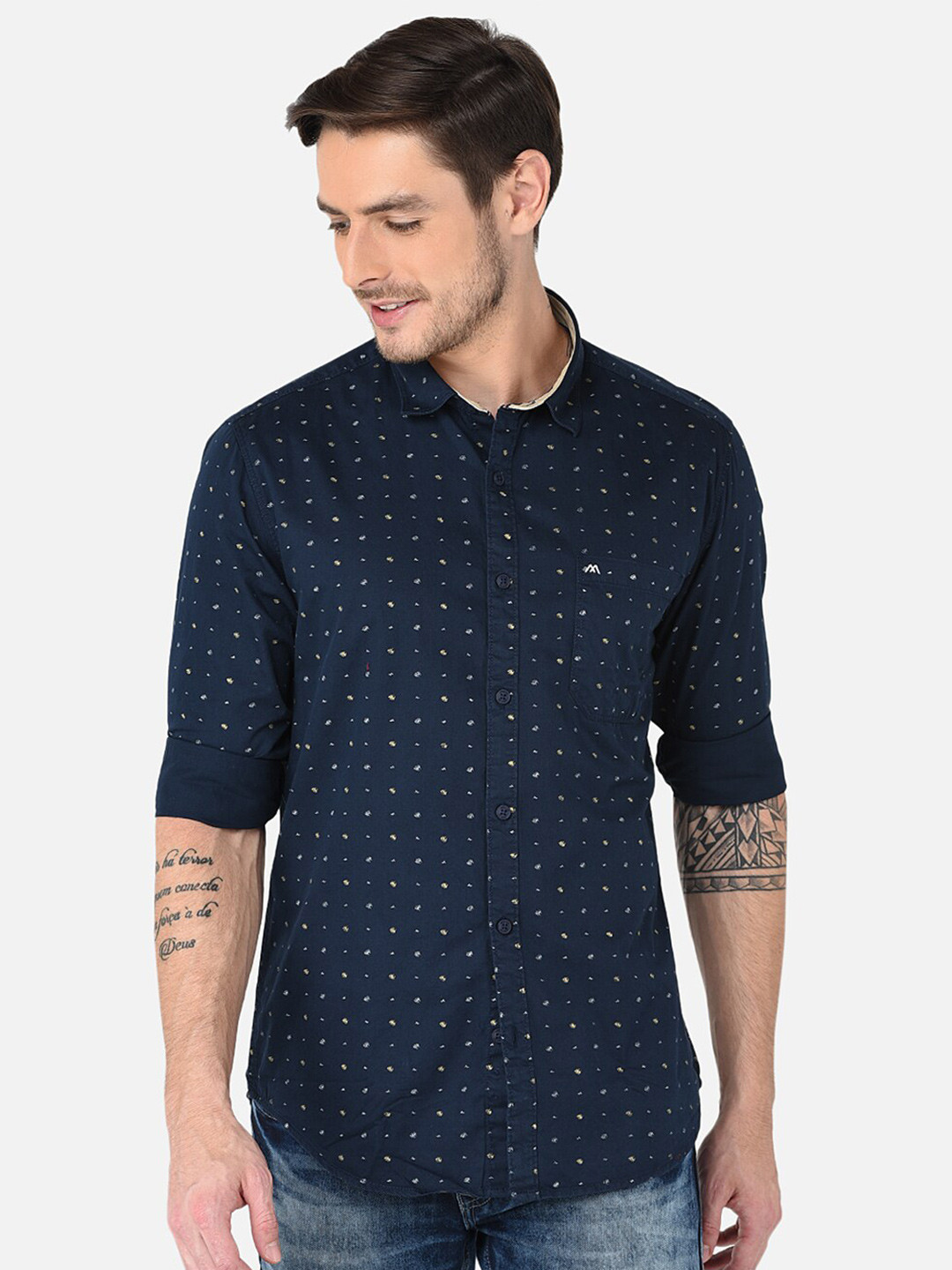 

MOZZO Classic Slim Fit Micro Ditsy Printed Casual Cotton Shirt, Navy blue