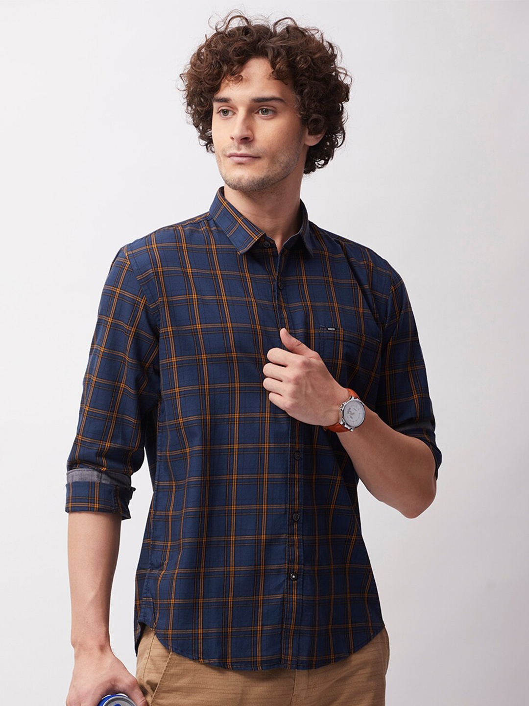 

MOZZO Classic Slim Fit Tartan Checked Casual Cotton Shirt, Navy blue