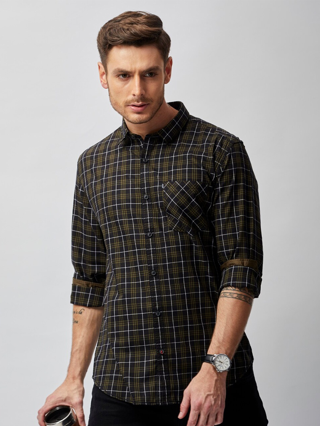 

MOZZO Classic Slim Fit Tartan Checked Casual Cotton Shirt, Black