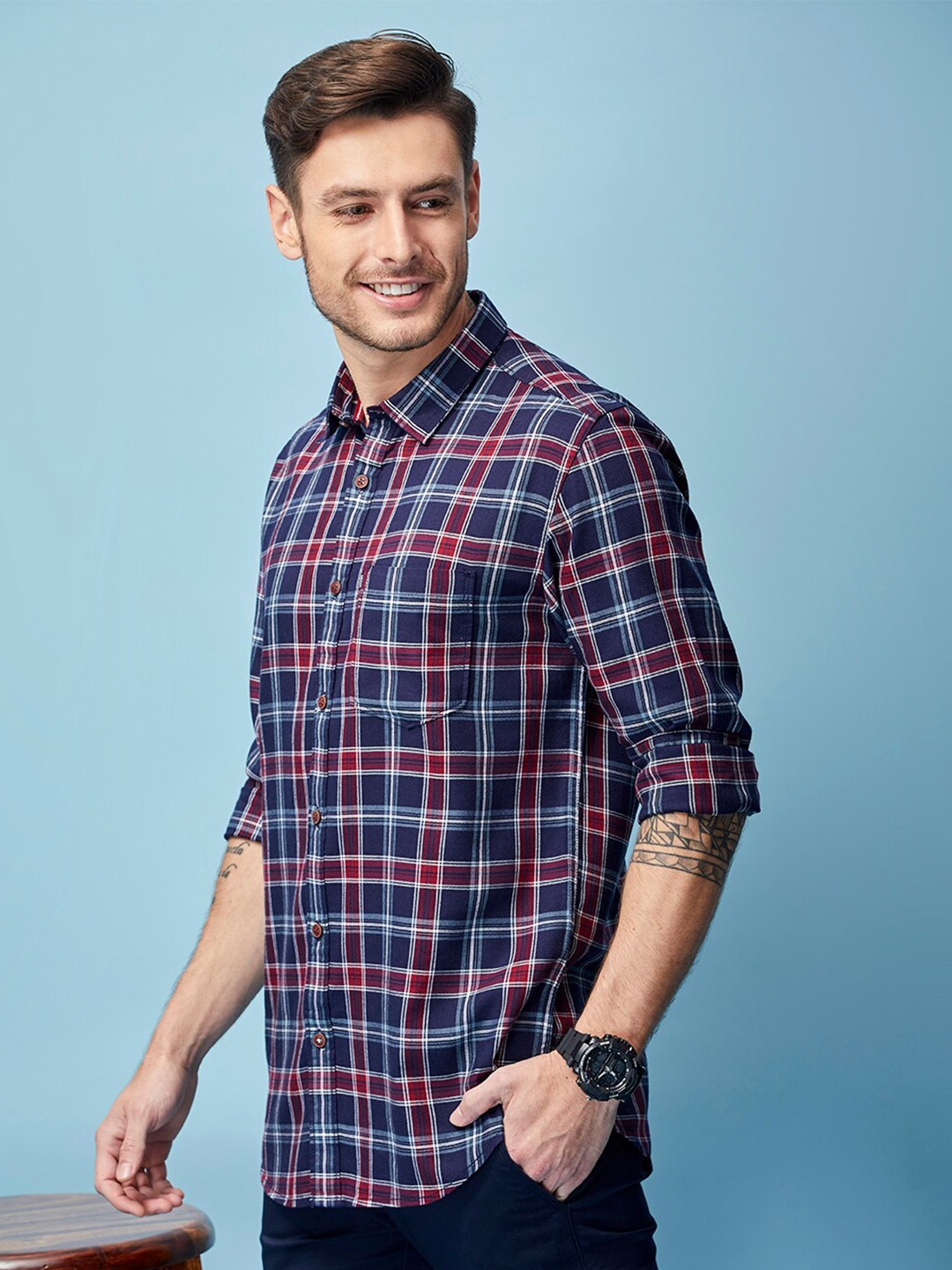 

MOZZO Classic Slim Fit Checked Casual Cotton Shirt, Navy blue