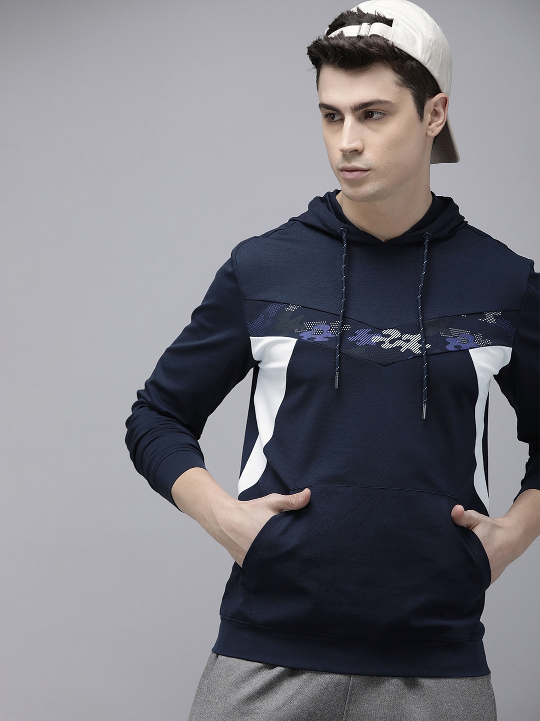 

Van Heusen Flex Men Colourblocked Hooded Sweatshirt, Navy blue
