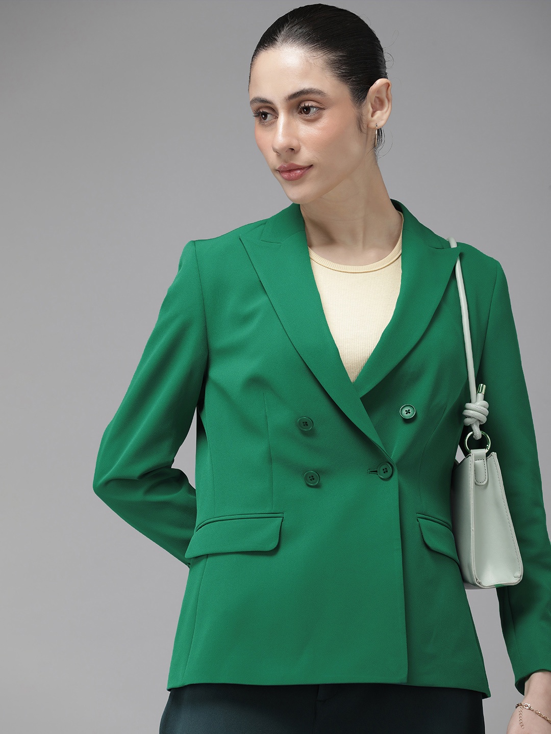 

Van Heusen Woman Women Solid Regular Fit Double-Breasted Blazer, Green