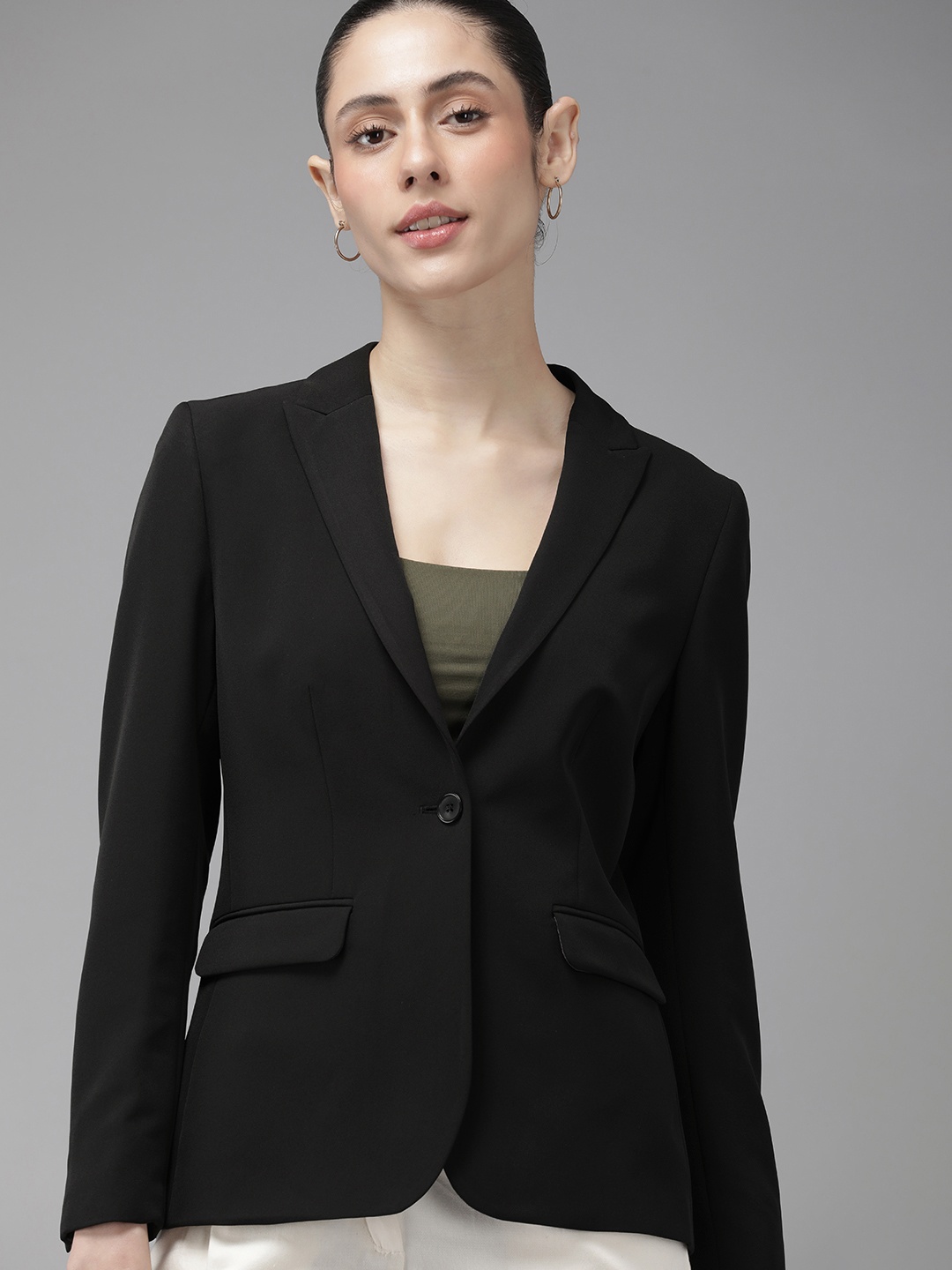 

Van Heusen Woman Women Solid Regular Fit Single-Breasted Blazer, Black