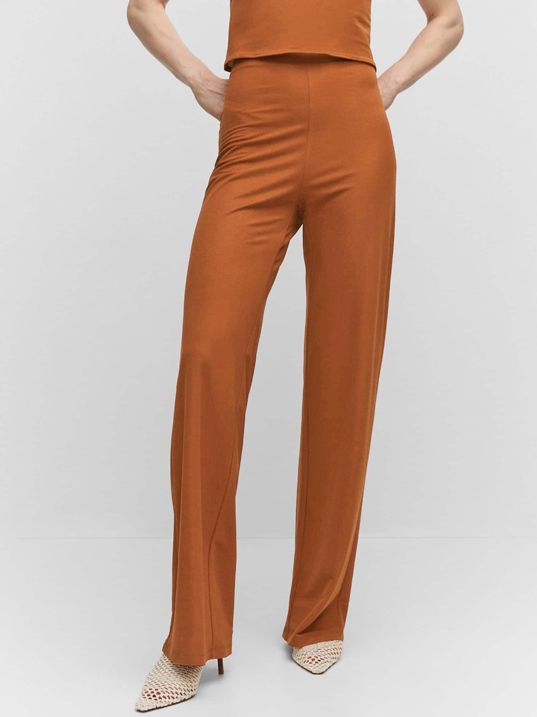 

MANGO Women Wide Leg High-Rise Trousers, Rust