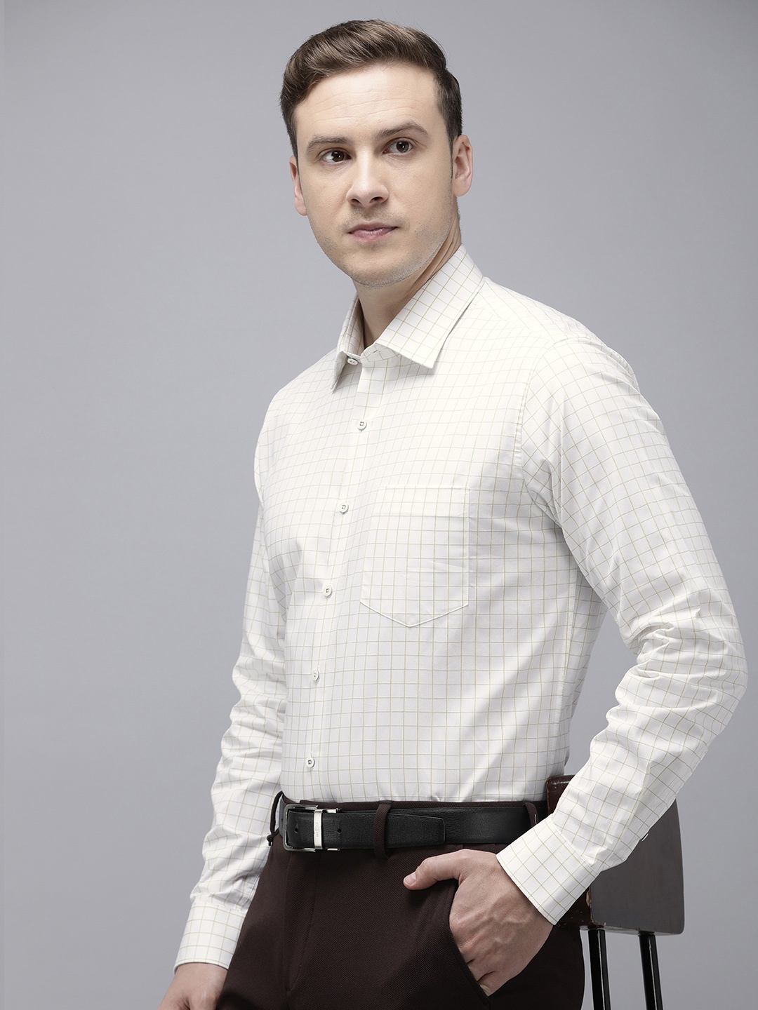 

Van Heusen Men Slim Fit Grid Tattersall Checked Cotton Formal Shirt, White