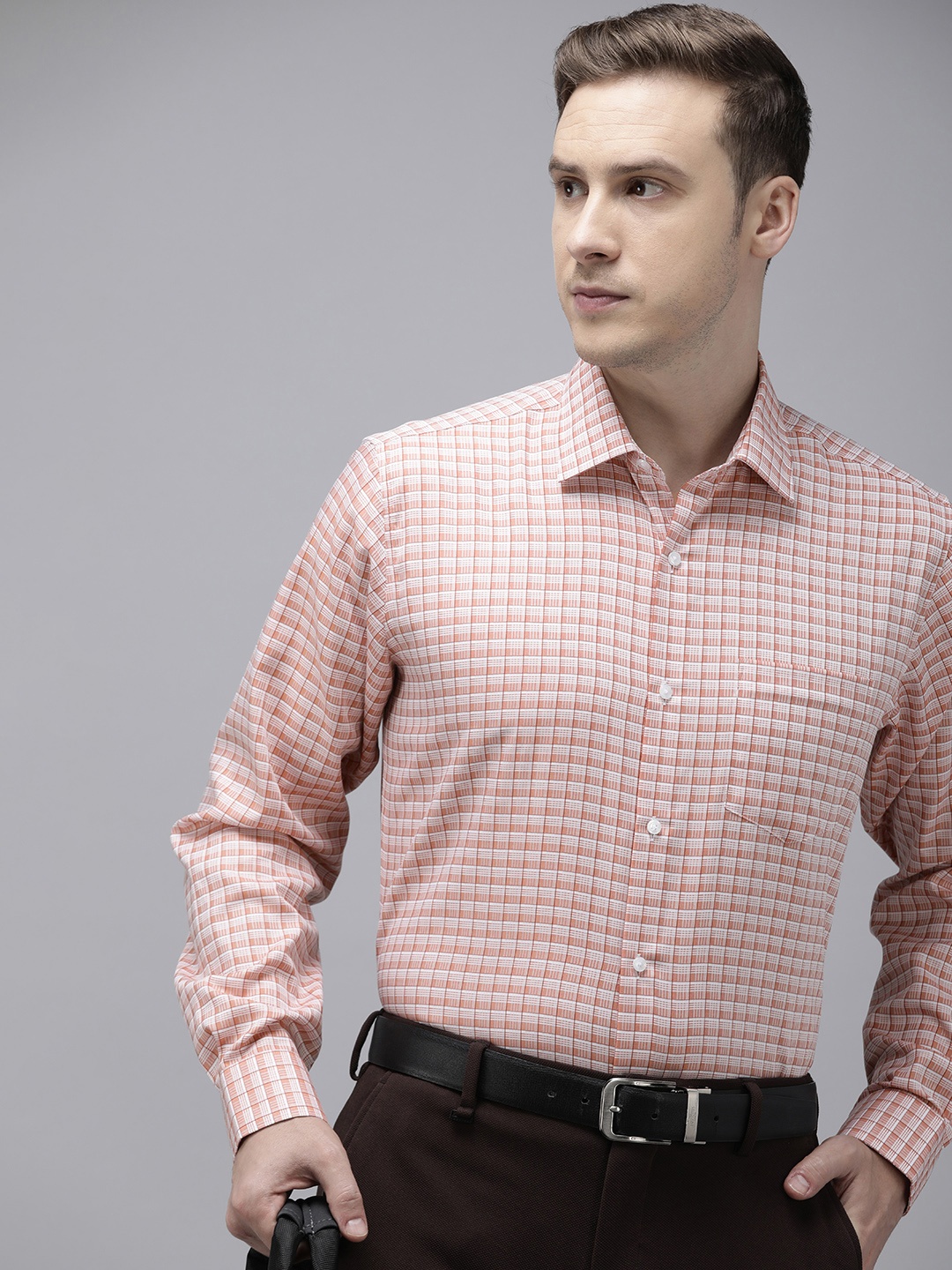 

Van Heusen Men Custom Opaque Checked Cotton Formal Shirt, Peach