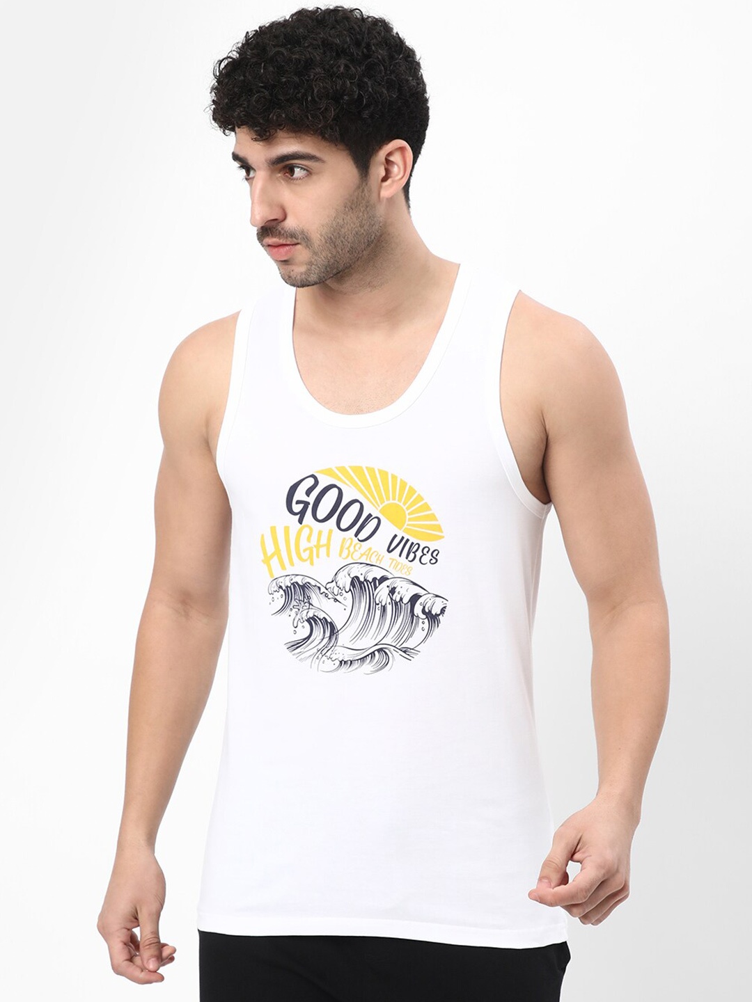 

R&B Men Typography Printed Sleevess Cotton T-shirt, White