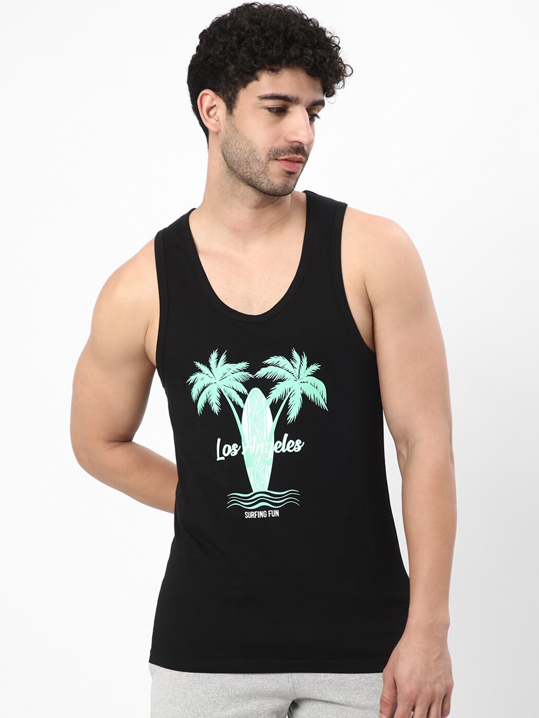 

R&B Floral Printed Sleeveless Cotton T-shirt, Black