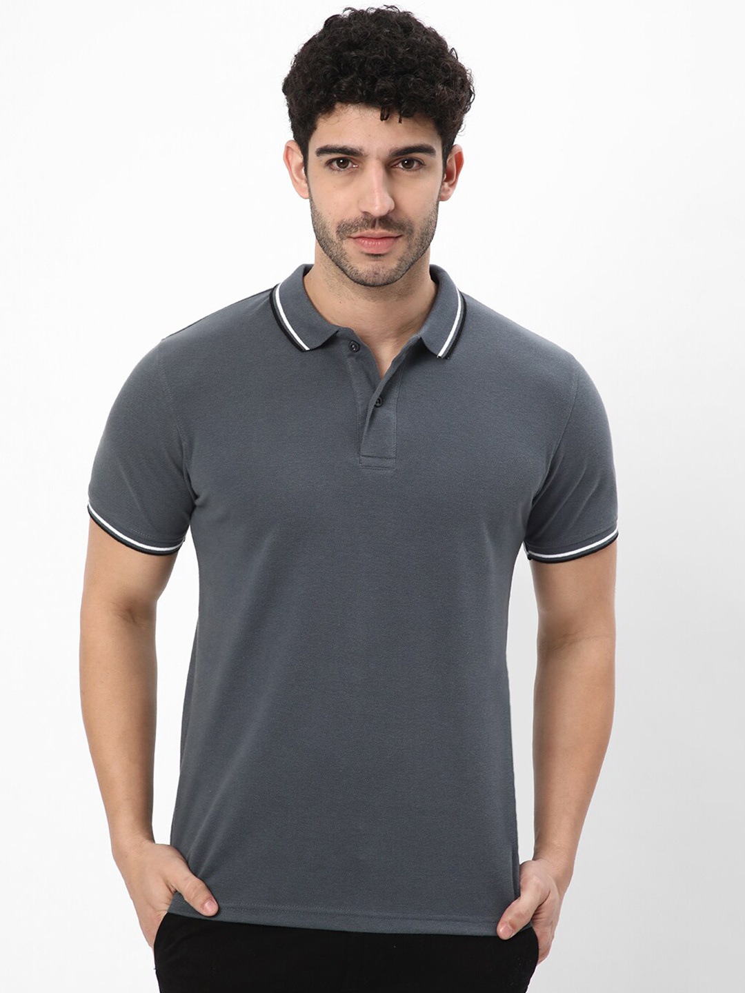 

R&B Short Sleeves Polo Collar Cotton T-shirt, Grey