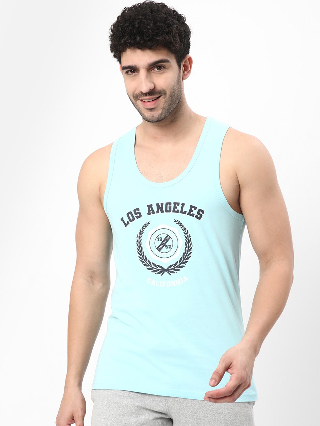 

R&B Typography Printed Sleeveless Cotton T-shirt, Blue