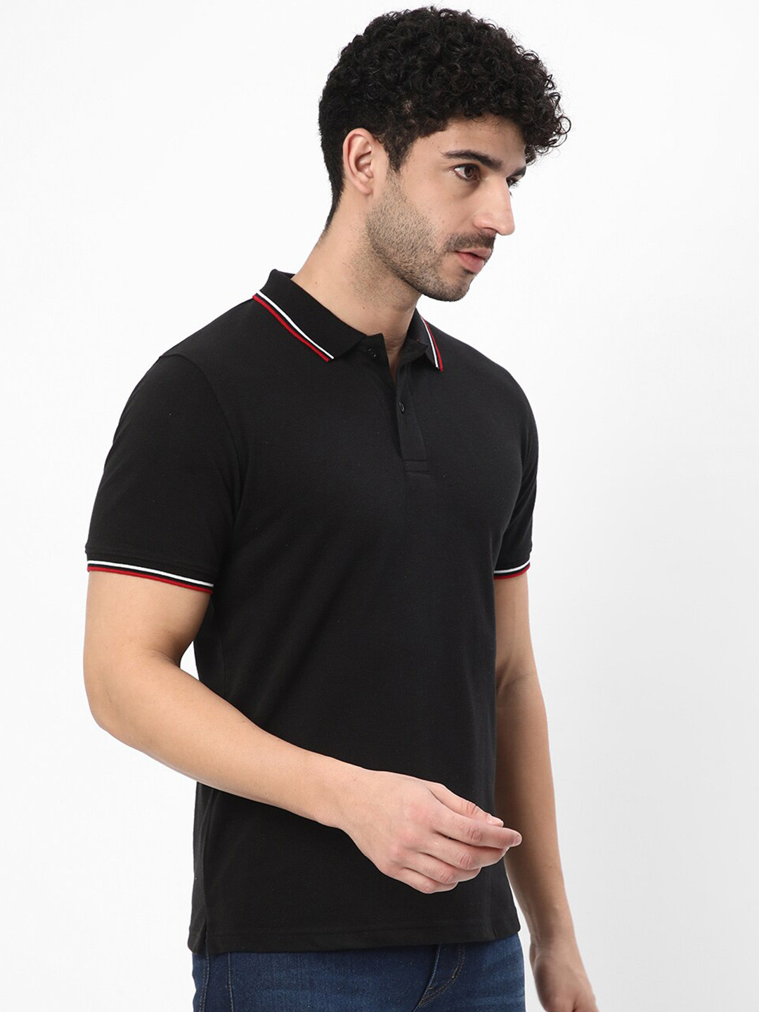 

R&B Short Sleeves Polo Collar Cotton T-shirt, Black