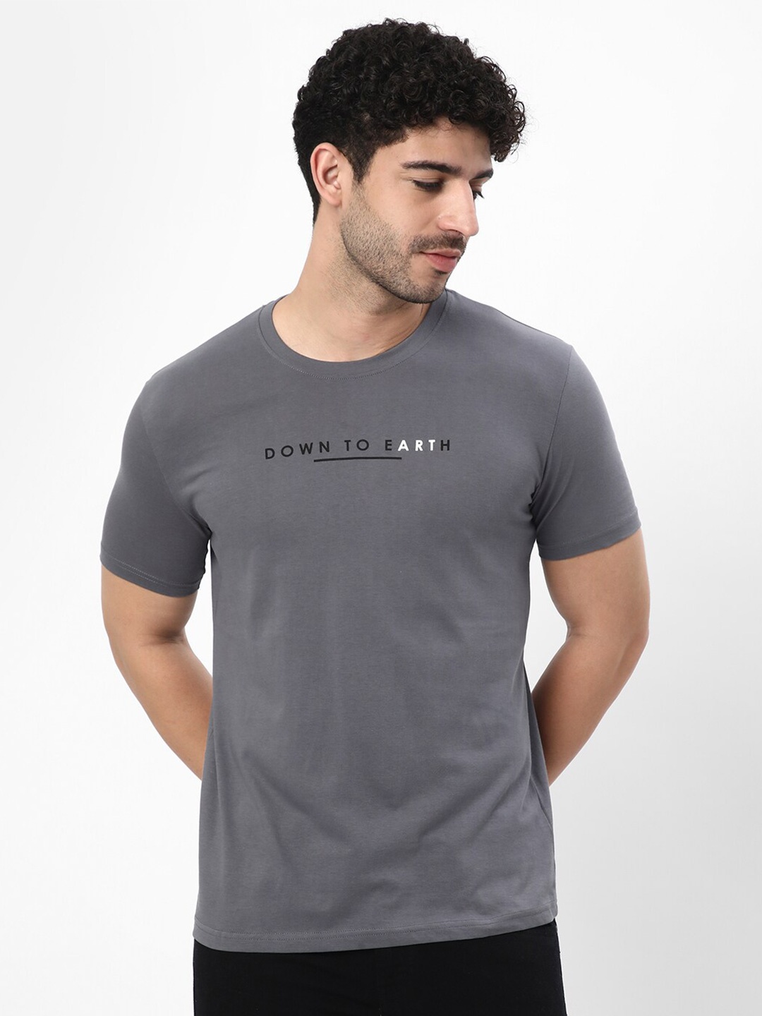 R&B Cotton Typography Printed T-shirt, Grey