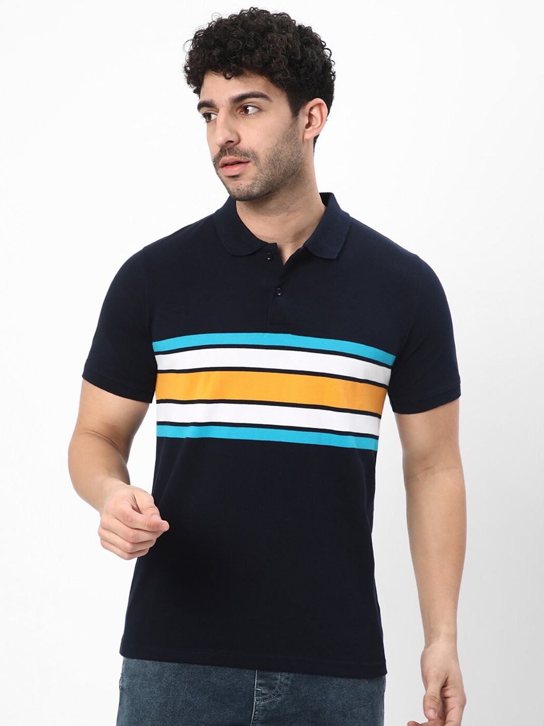 

R&B Striped Polo Collar Cotton T-shirt, Navy blue