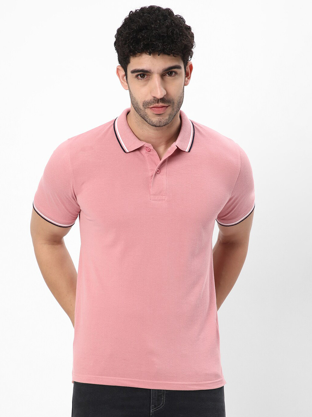 

R&B Polo Collar Short Sleeves Cotton T-shirt, Pink