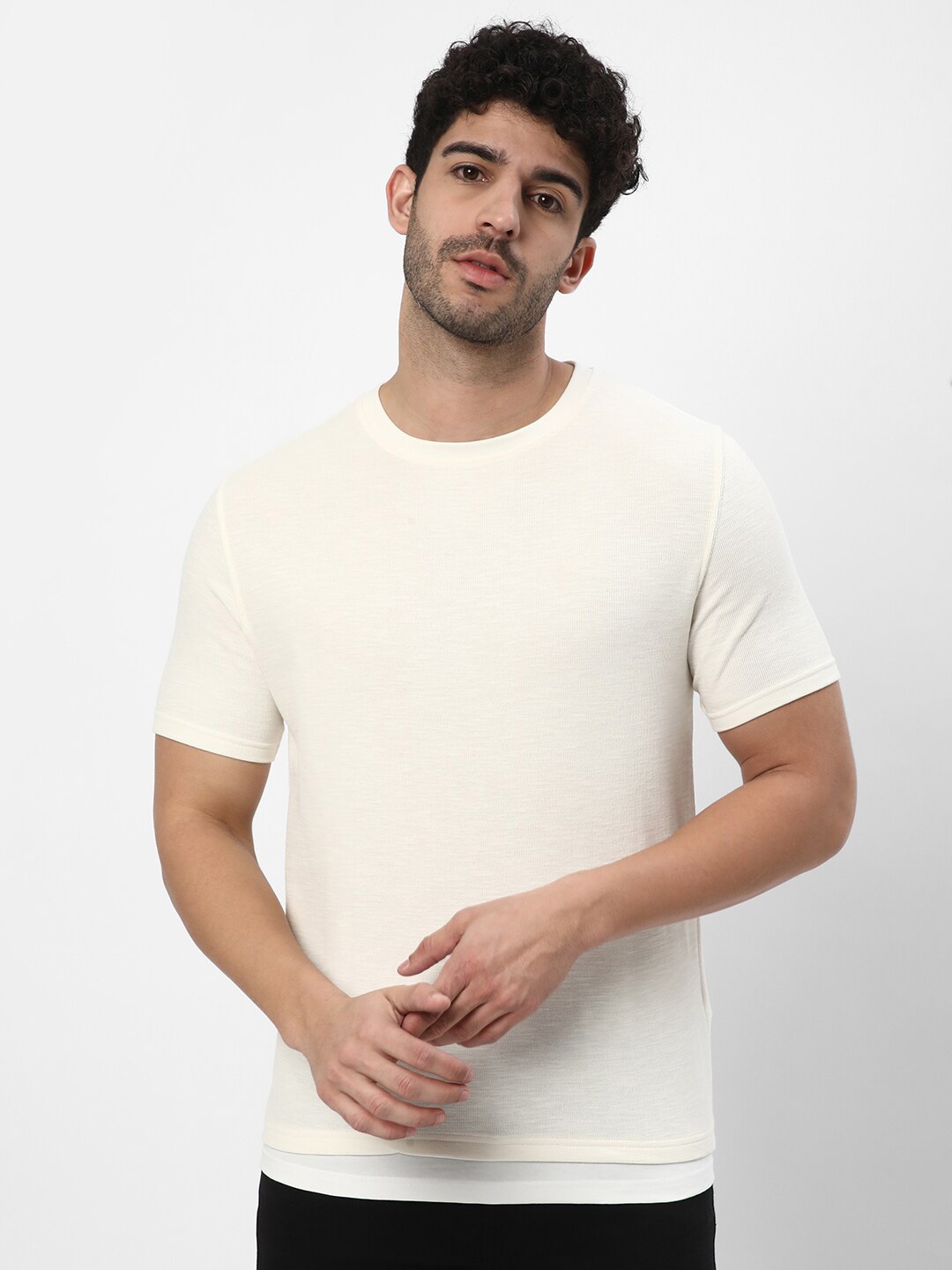 

R&B Round Neck Short Sleeves Cotton T-shirt, Off white