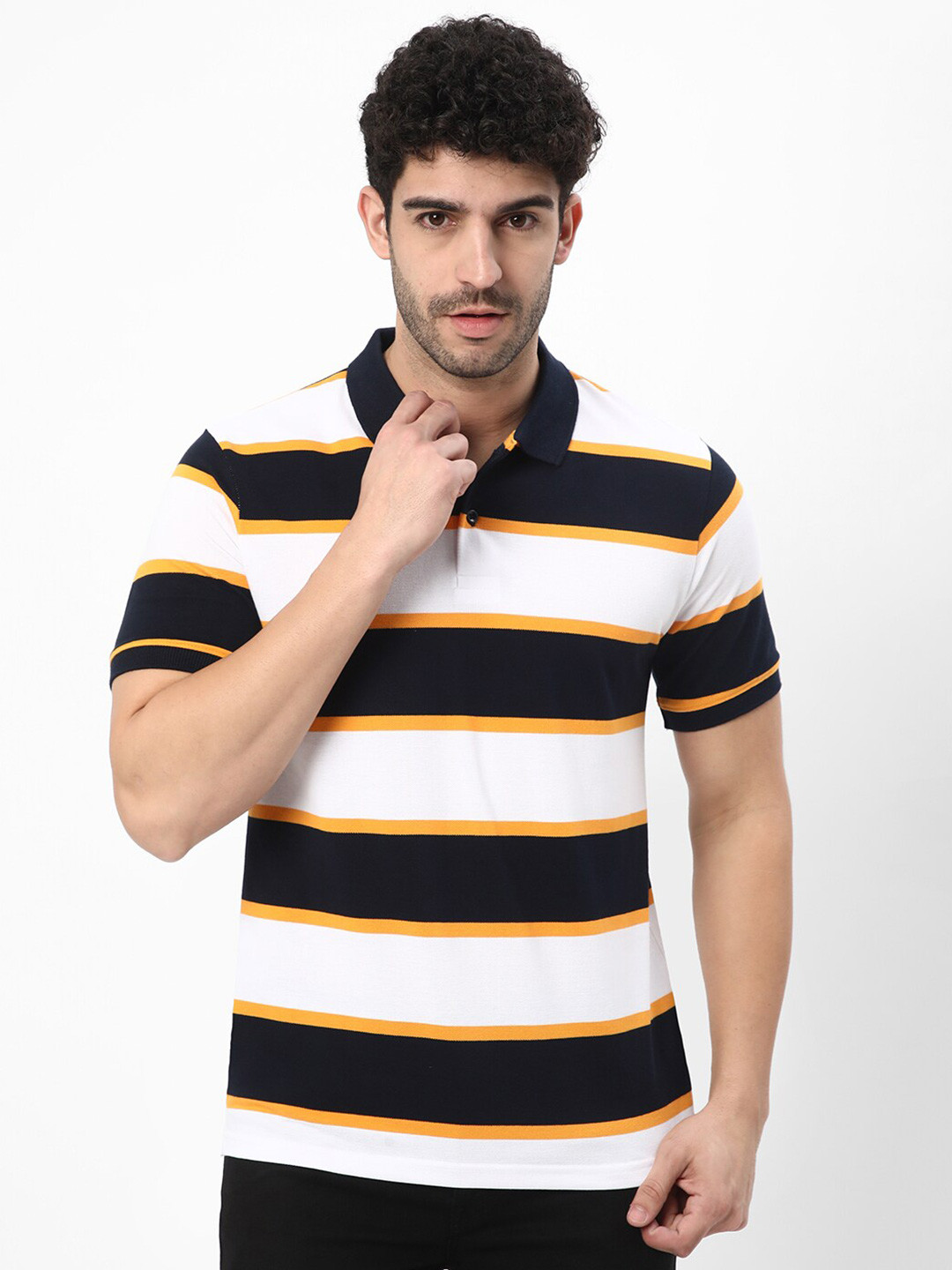 

R&B Striped Polo Collar Cotton T-shirt, White