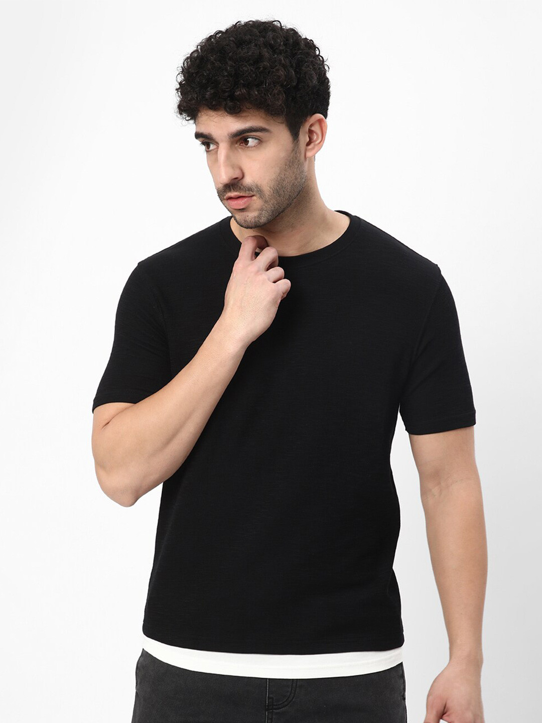 

R&B Round Neck Short Sleeves Cotton T-shirt, Black