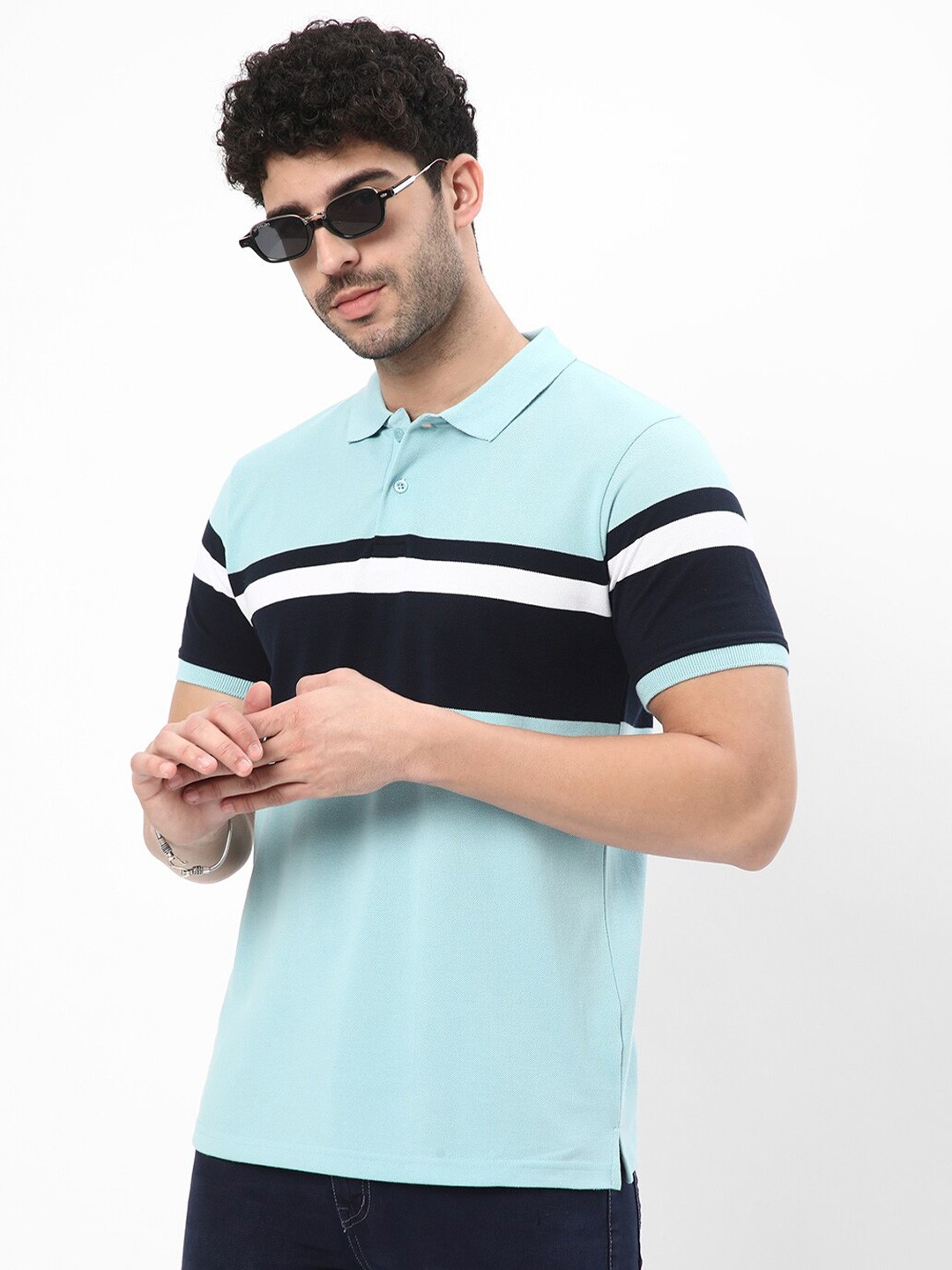 

R&B Striped Polo Collar Cotton T-shirt, Blue
