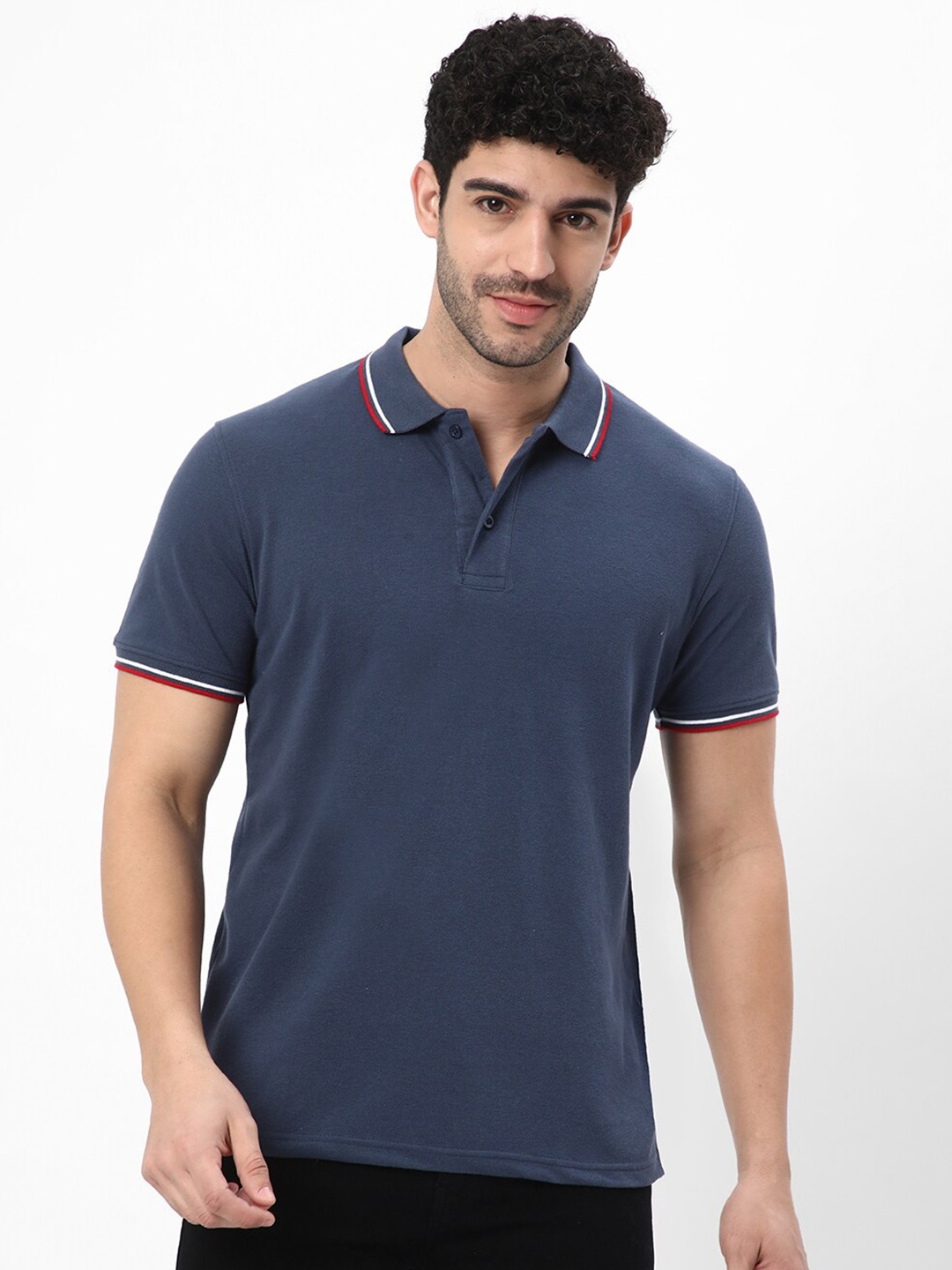 

R&B Polo Collar Cotton Casual T-shirt, Blue